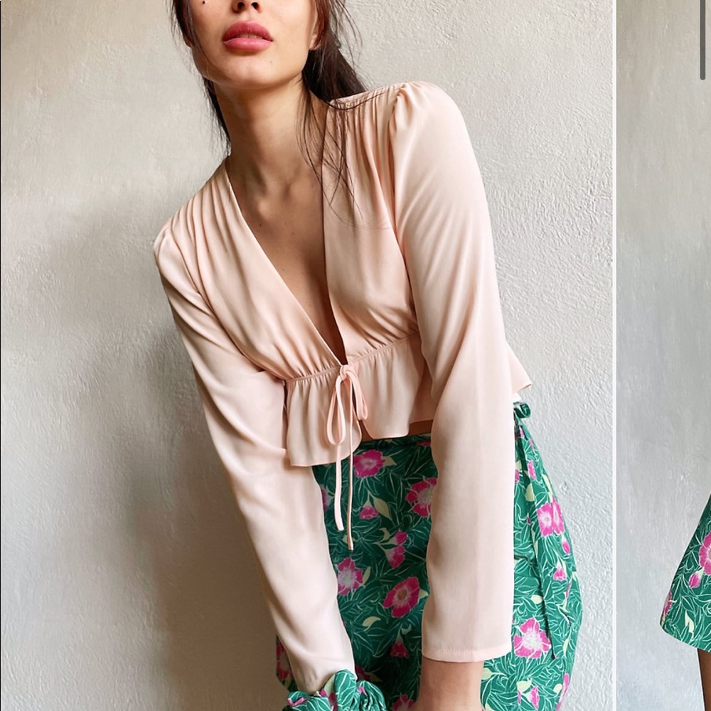 Sunday Best Cropped Tie-Front Blouse 2XS in Forest Green